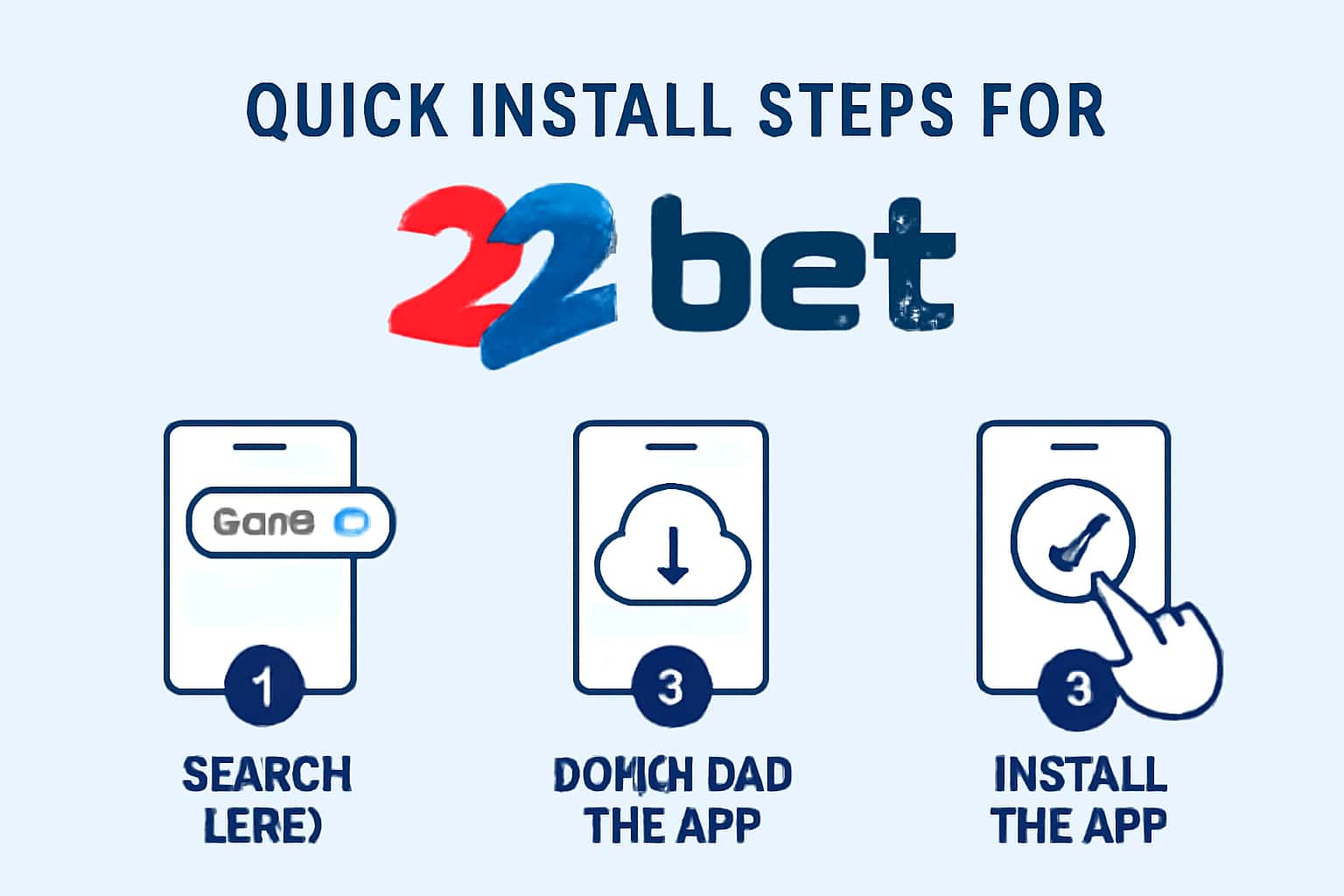 An educational graphic showing installation steps for the 22bet app.